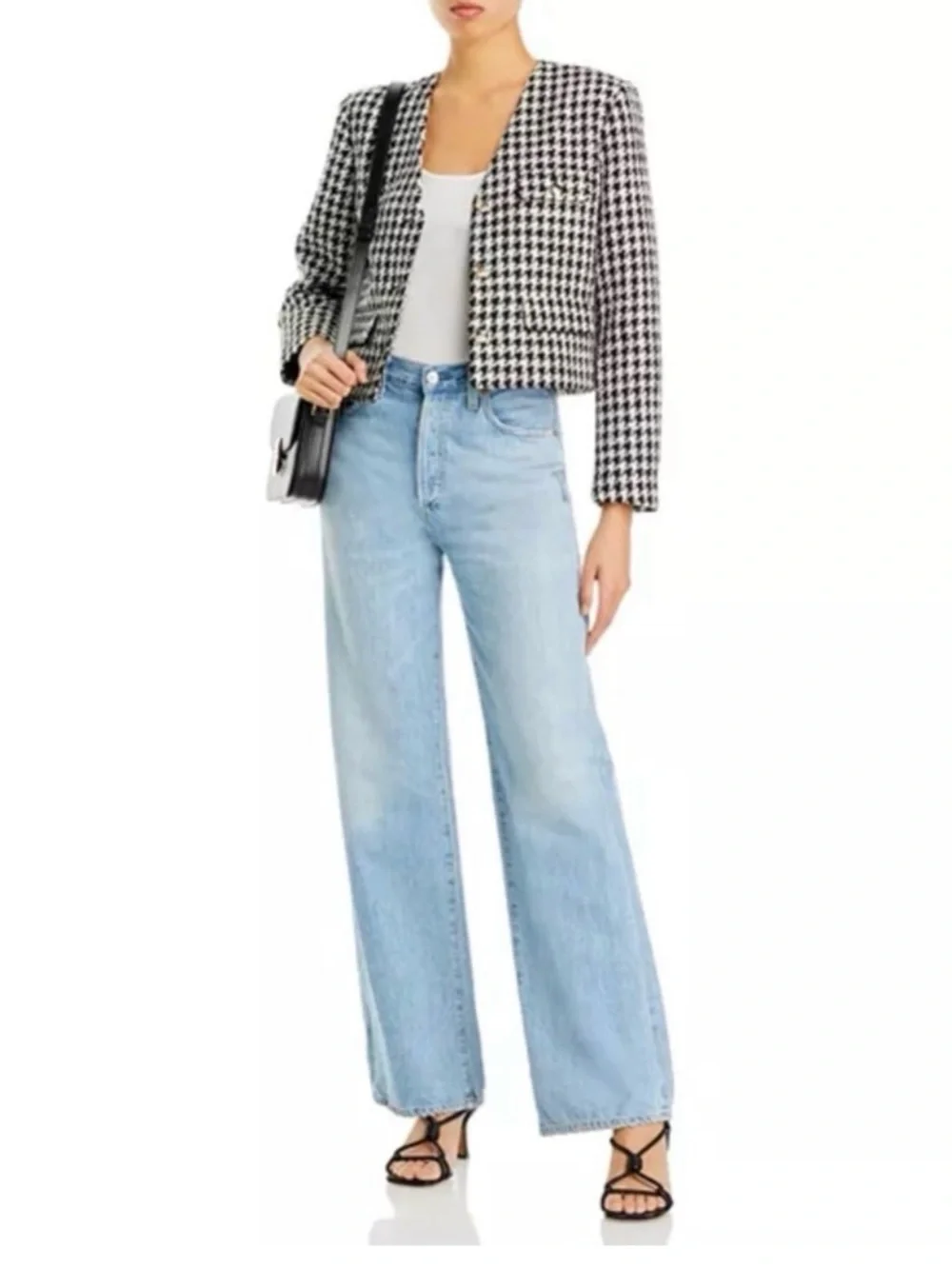 Anine Bing Black & White Houndstooth Cropped Blazer